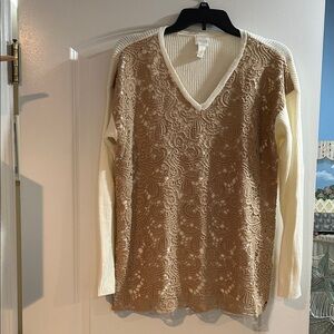 Chicos Elegant Lace Overlay Sweater - Cream and Tan